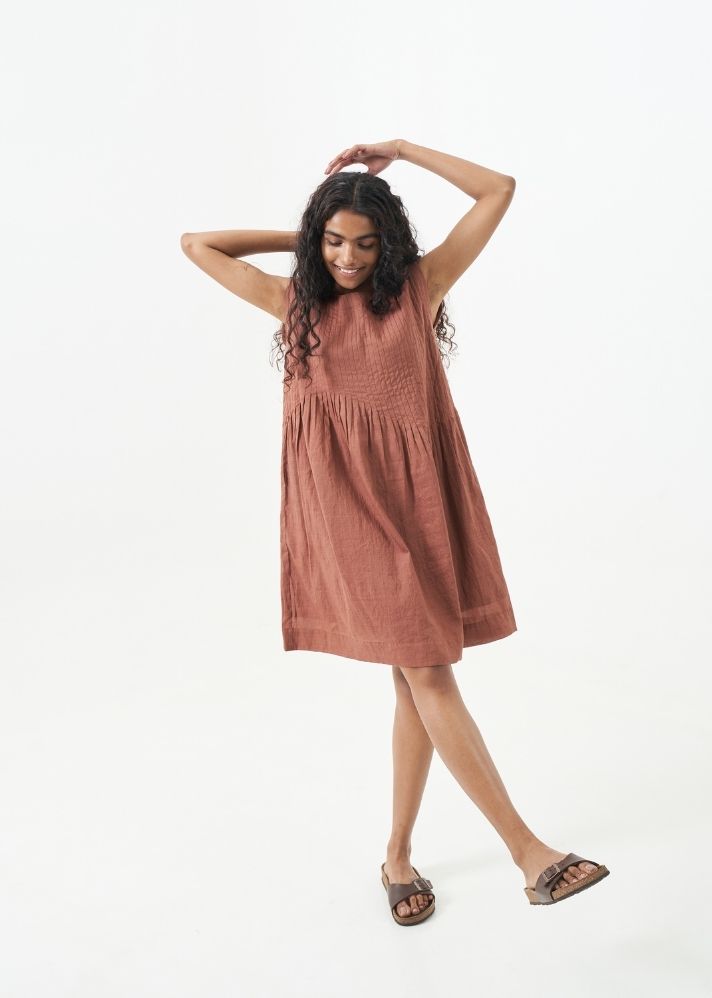 A Model Wearing Brown Handwoven Cotton Short chestnut Brown Dress, curated by Only Ethikal