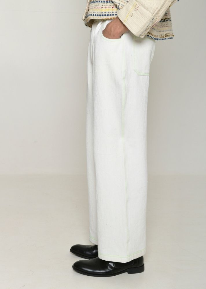 A Model Wearing White Handwoven Cotton Recycle Hibiki White Pants, curated by Only Ethikal