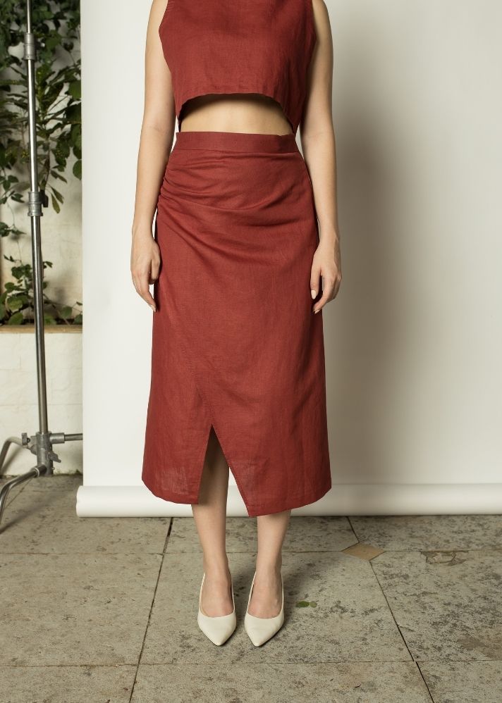A Model Wearing Red Hemp Draped Wrap-Around Skirt, curated by Only Ethikal