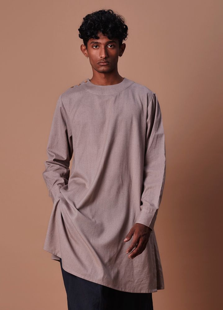 A Model Wearing  Multicolor Pure Cotton Grey Side Buttoned Kurta & Pant Set, curated by Only Ethikal