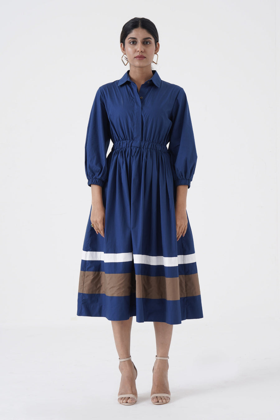A Model Wearing Blue Pure Cotton Kosher - Shirt collar waist elastic, two contrast stripe - Blue, curated by Only Ethikal