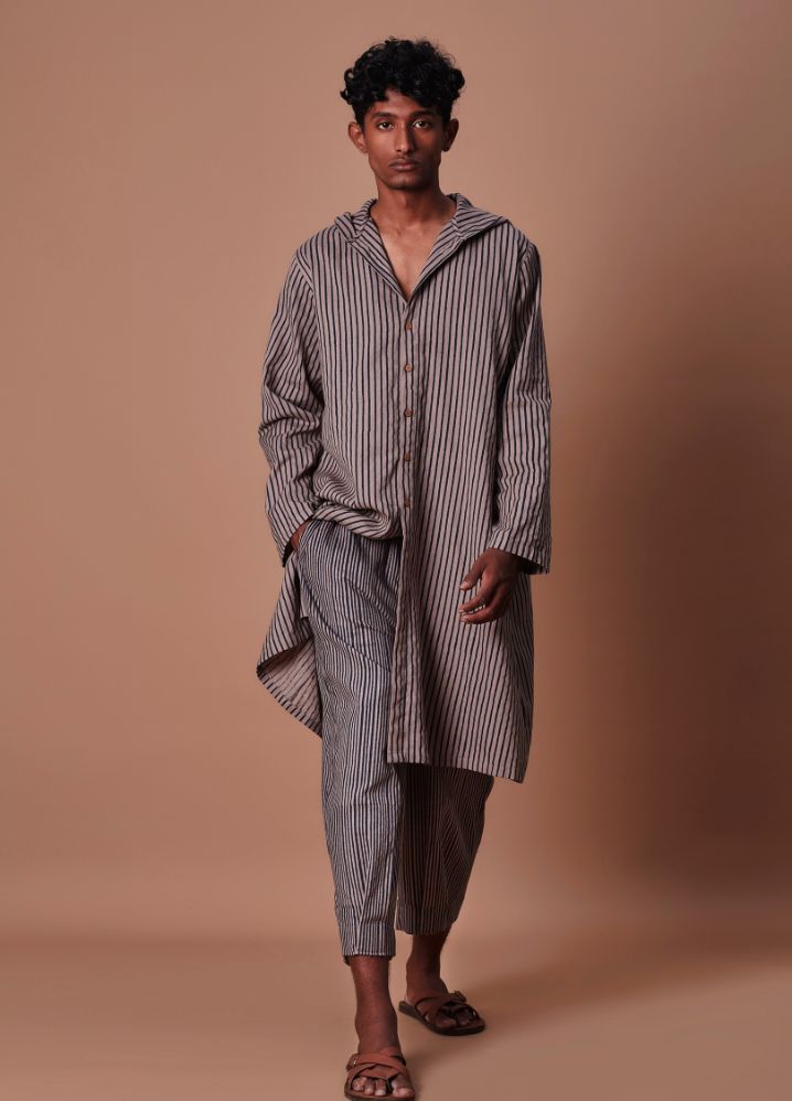 A Model Wearing  Striped Grey Pure Cotton Men's Grey Hooded Striped Kurta, curated by Only Ethikal