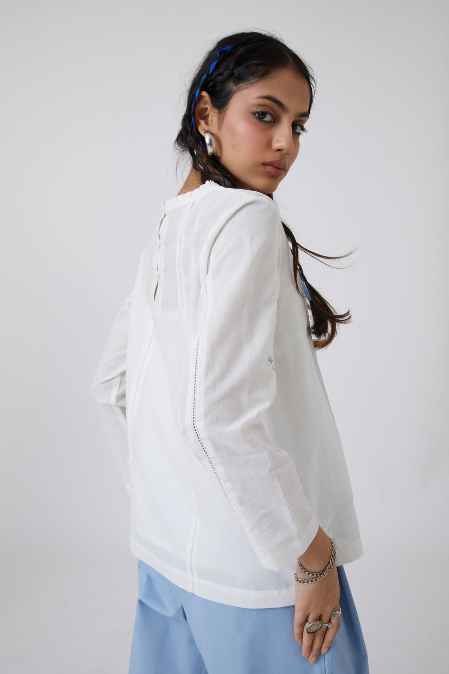 A Model Wearing White Handwoven Cotton Hera - Top, curated by Only Ethikal