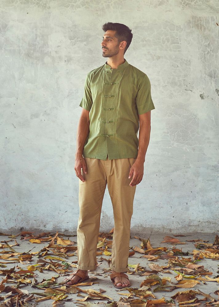 A Model Wearing Green Pure Cotton Cryon Shirt, curated by Only Ethikal