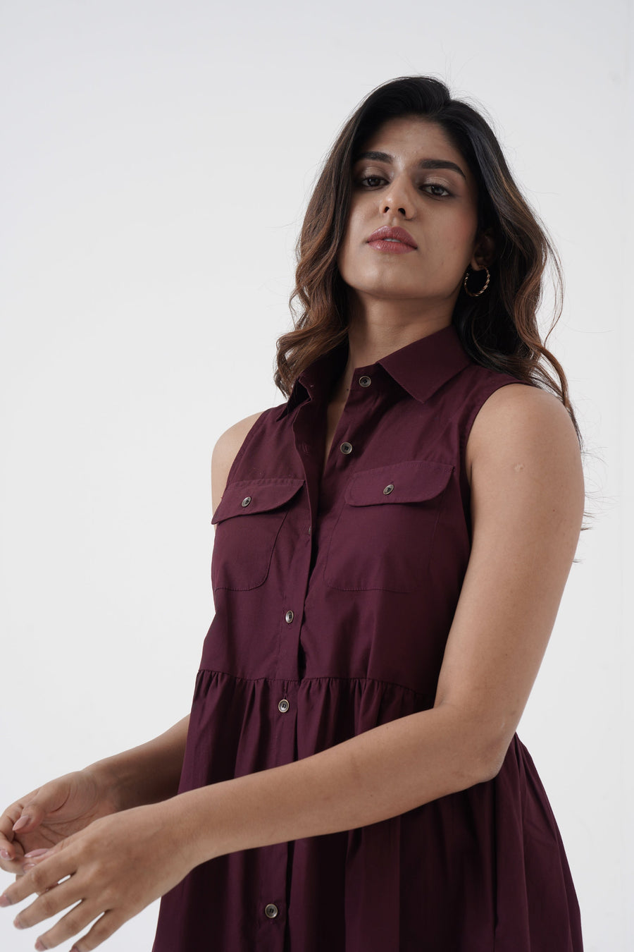 A Model Wearing Multicolor Pure Cotton Affable- Shirt tier dress- Wine, curated by Only Ethikal