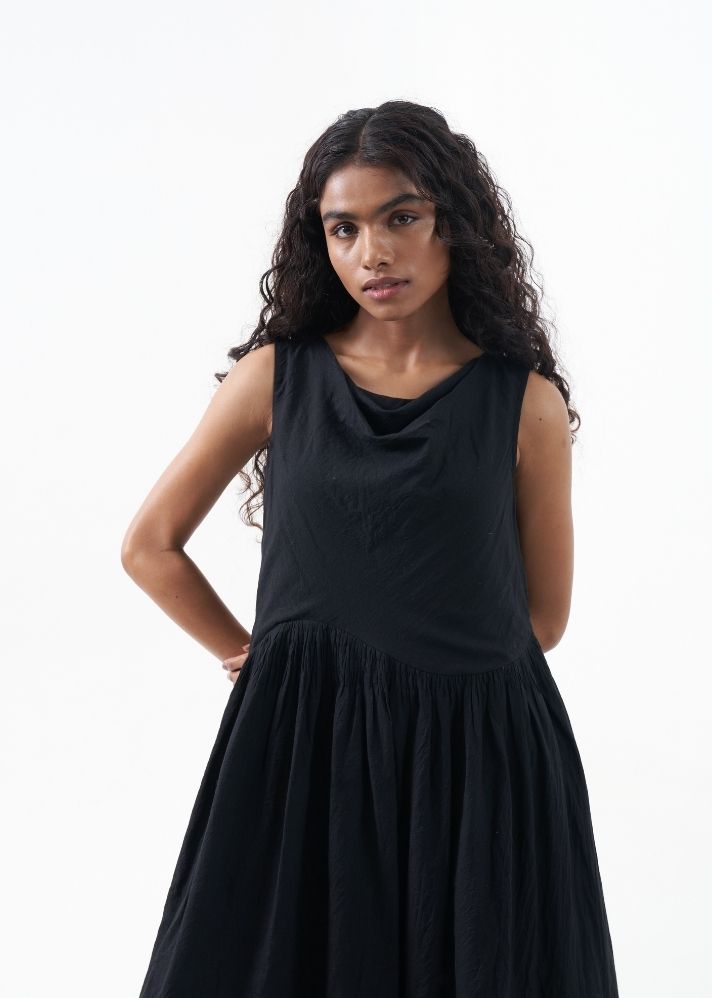 A Model Wearing Black Handwoven Cotton Black cowl neck dress, curated by Only Ethikal
