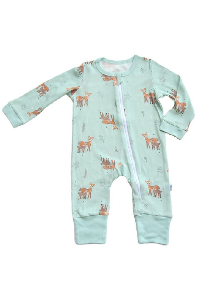 A Model Wearing Mint Organic Cotton Dasher Zipup Organic Sleepsuit, curated by Only Ethikal