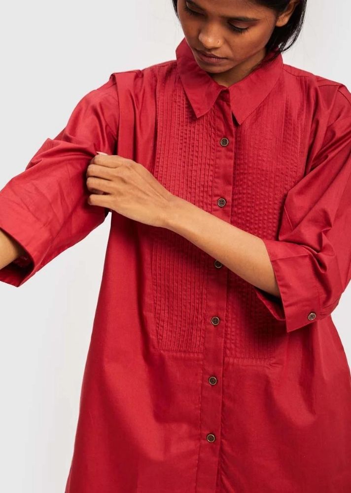 A Model Wearing Red Cotton All in One Shirt Red, curated by Only Ethikal