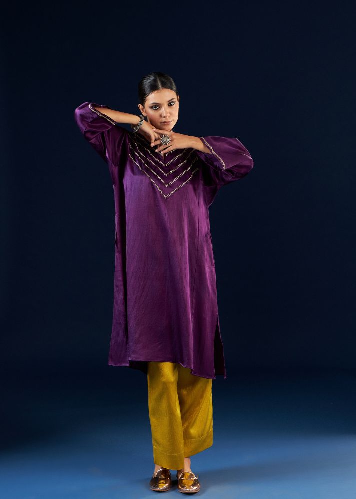 A Model Wearing Multicolor Silk Deep Purple & Gold Yellow Kalidaar Kurta Set- FC-2302, curated by Only Ethikal