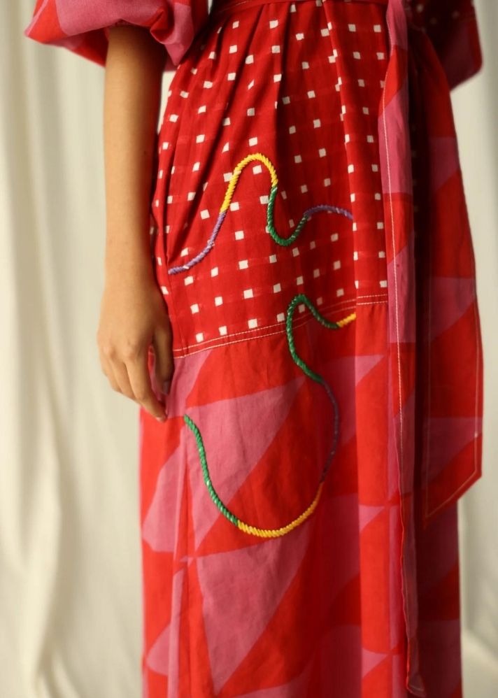 A Model Wearing Multicolor Pure Cotton Andretta Embroidered Peasant Dress, curated by Only Ethikal