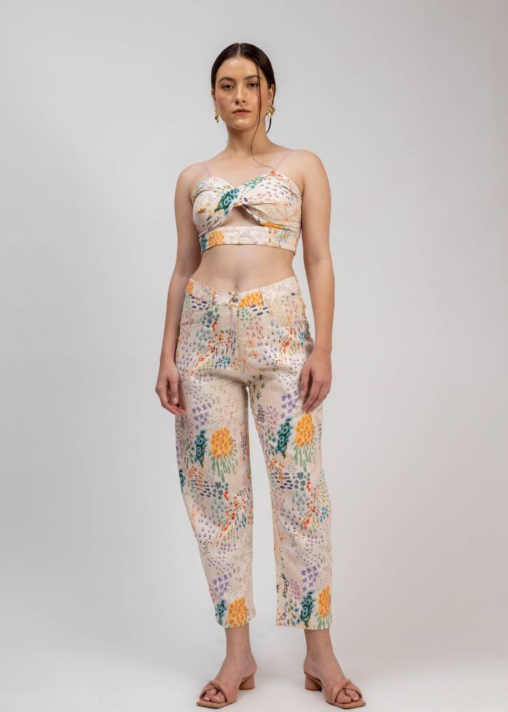 A Model Wearing Multicolor Linen Maria Printed Pants, curated by Only Ethikal