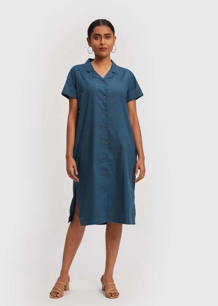 A Model Wearing Blue Cotton Midi Shirt Dress Blue, curated by Only Ethikal