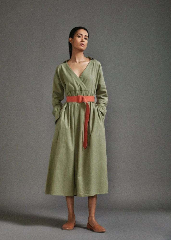 A Model Wearing Green Handwoven Cotton Safari Belted Dress, curated by Only Ethikal