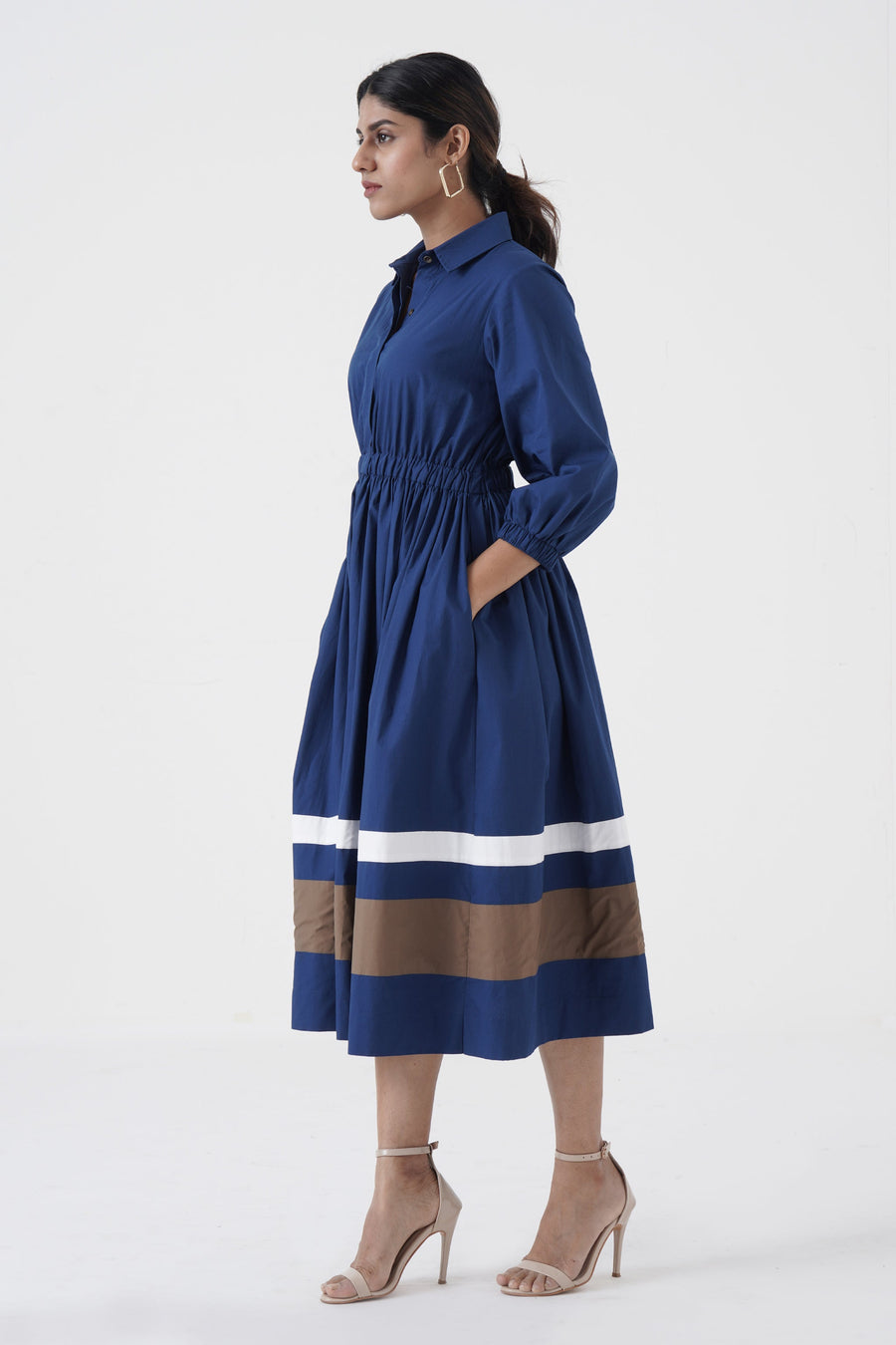 A Model Wearing Blue Pure Cotton Kosher- Shirt collar waist elastic, two contrast stripe- Blue, curated by Only Ethikal