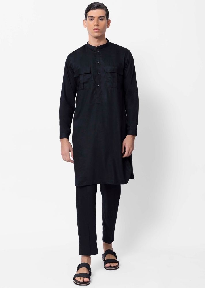 A Model Wearing Black Pure Cotton THE BAMBOO KURTA AND PANTS SET, curated by Only Ethikal