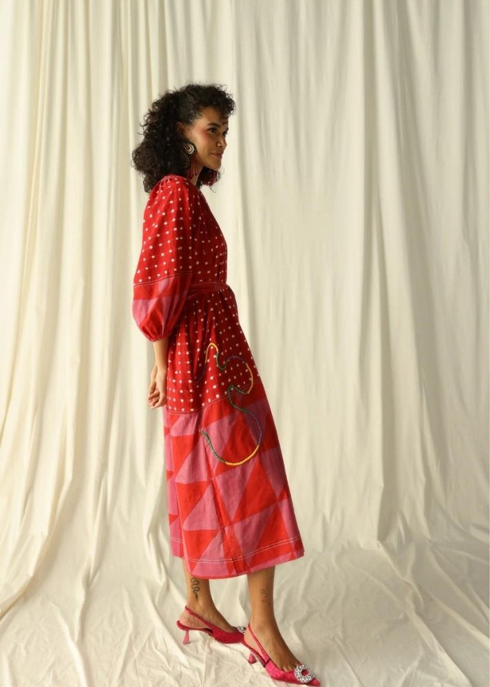 A Model Wearing Multicolor Pure Cotton Andretta Embroidered Peasant Dress, curated by Only Ethikal