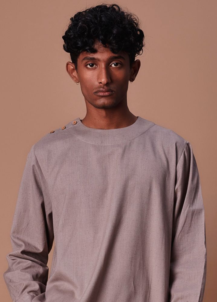 A Model Wearing  Multicolor Pure Cotton Grey Side Buttoned Kurta & Pant Set, curated by Only Ethikal