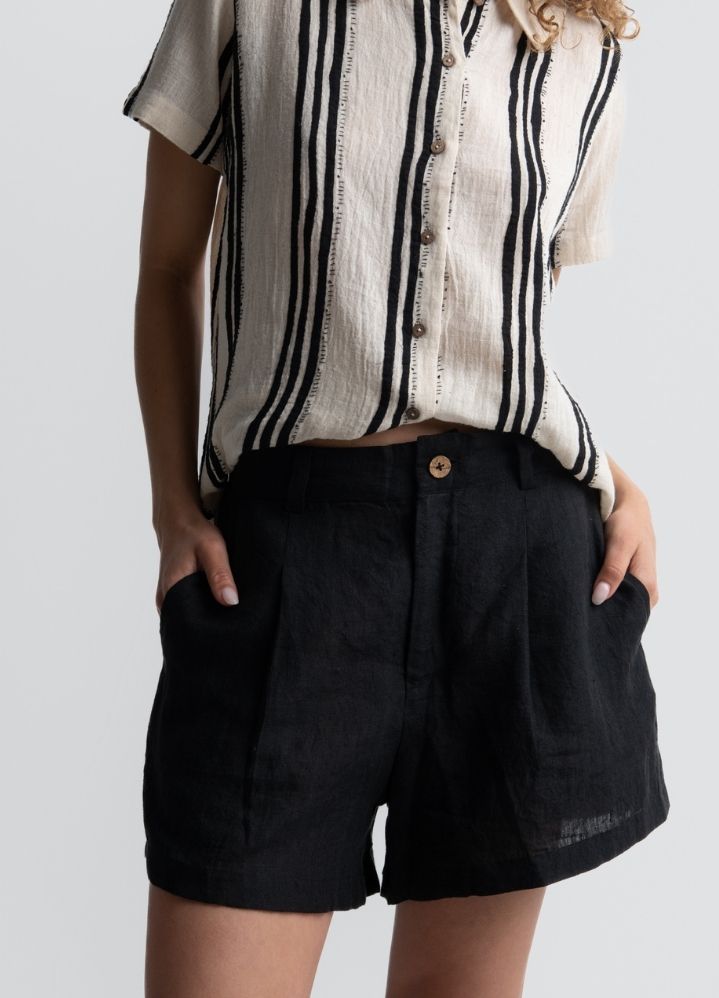 A Model Wearing Black Handwoven Cotton Relaxed fit linen shorts, curated by Only Ethikal