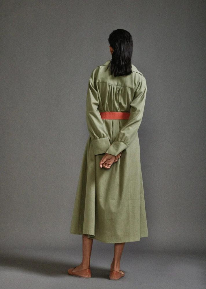 A Model Wearing Green Handwoven Cotton Safari Belted Dress, curated by Only Ethikal
