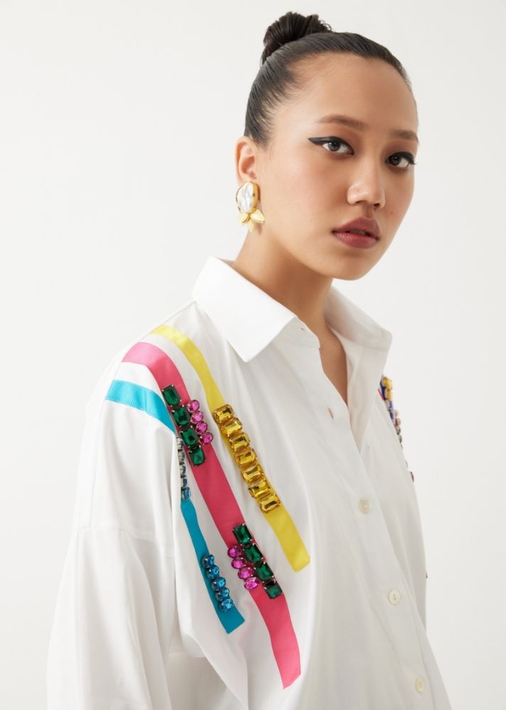 A Model Wearing White Cotton Poplin Embroidered Box Shirt, curated by Only Ethikal