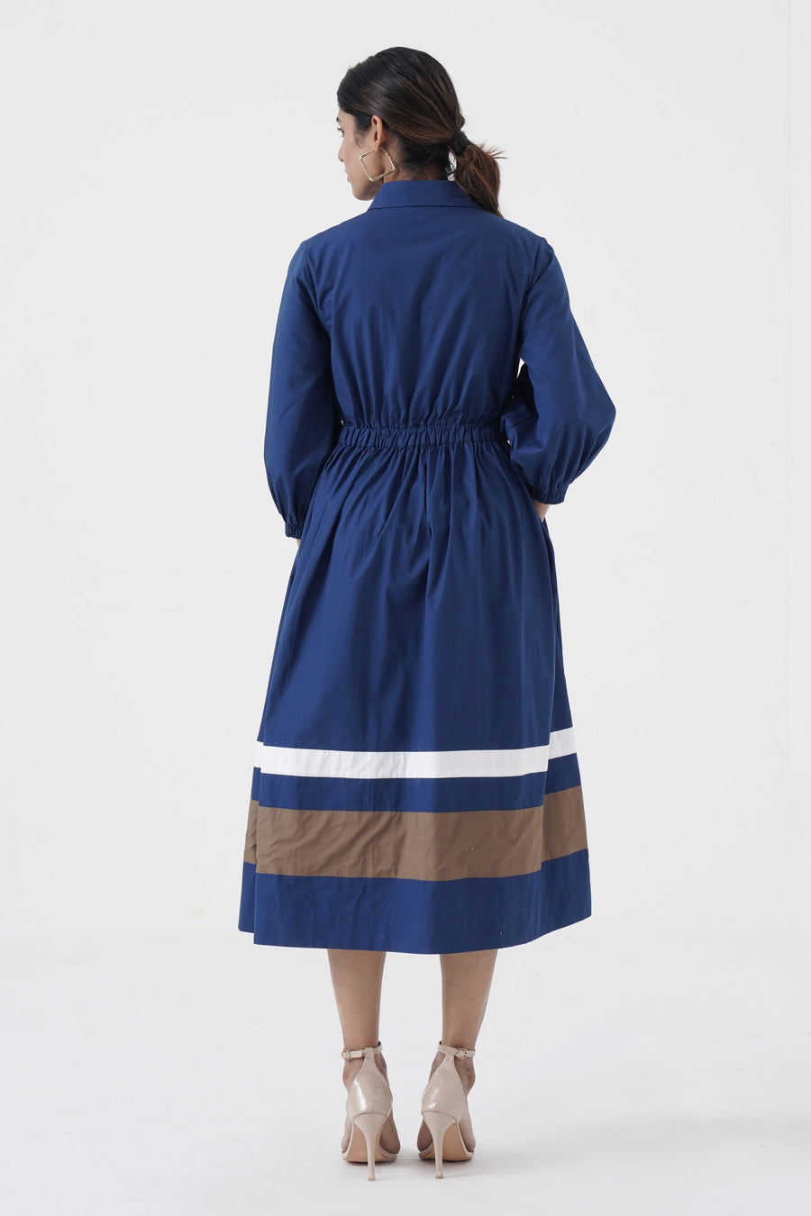 A Model Wearing Blue Pure Cotton Kosher- Shirt collar waist elastic, two contrast stripe- Blue, curated by Only Ethikal