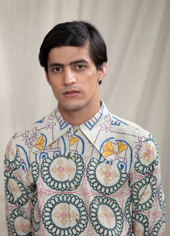 A model wearing Block Printed Multicolor Handwoven Cotton Summer Shirt, curated by Only Ethikal