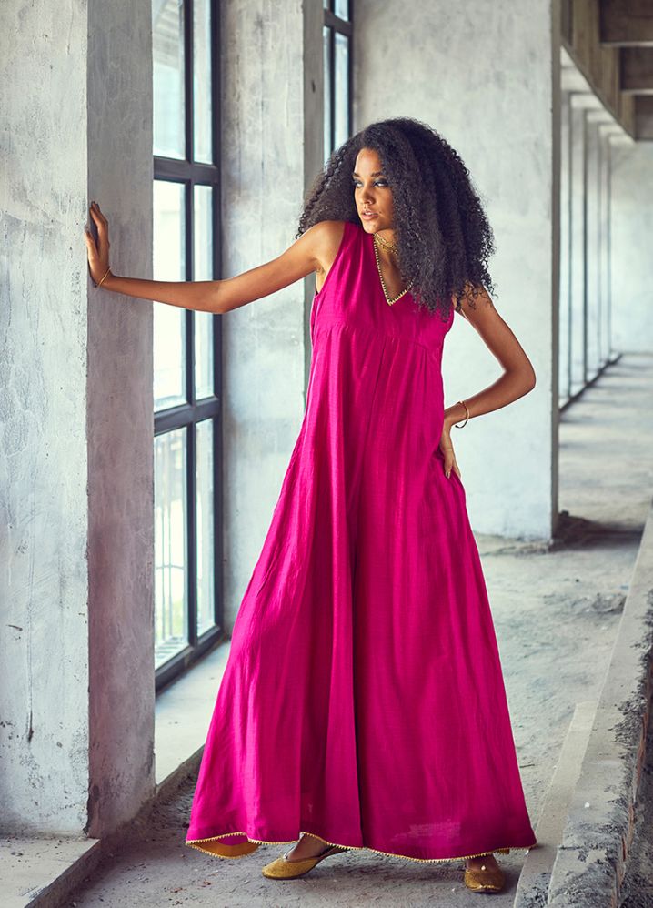 A Model Wearing Pink Pure Cotton Jamun Jumpsuit, curated by Only Ethikal