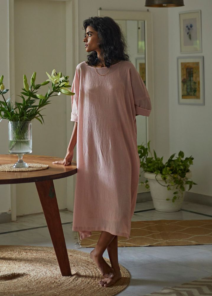 Woman wearing  Pink Pure Cotton French Rose Kaftan by Kharakapas curated by Only Ethikal
