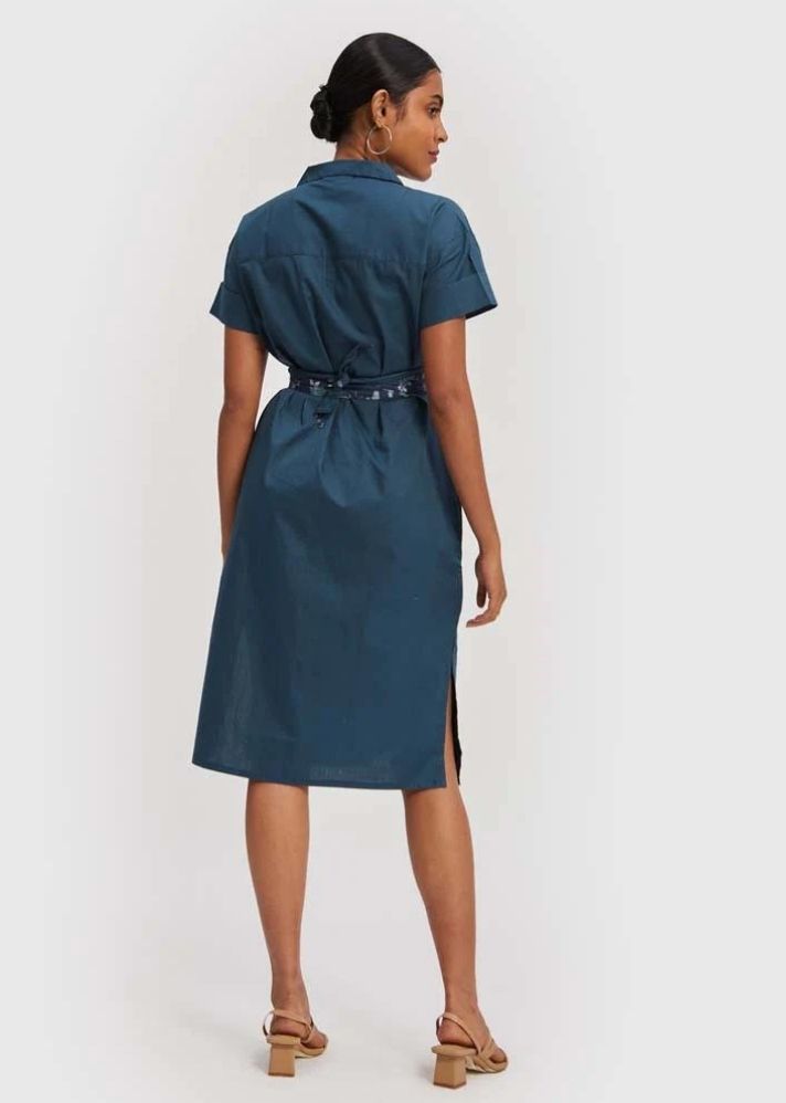 A Model Wearing Blue Cotton Midi Shirt Dress Blue, curated by Only Ethikal