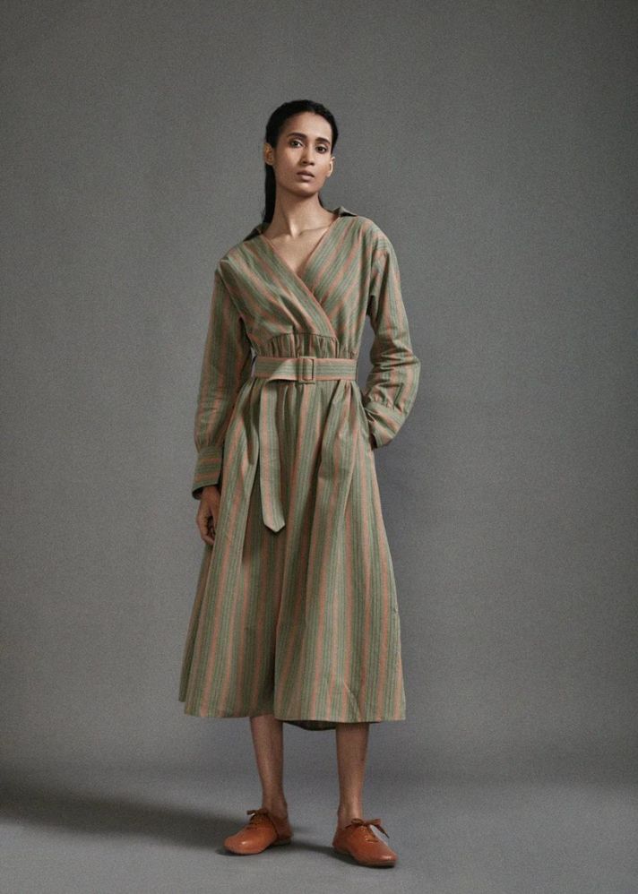 A Model Wearing Green striped Handwoven Cotton Safari Belted Dress, curated by Only Ethikal