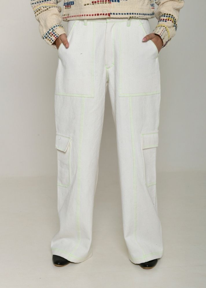 A Model Wearing White Handwoven Cotton Recycle Hatsu White Cargo Pants, curated by Only Ethikal