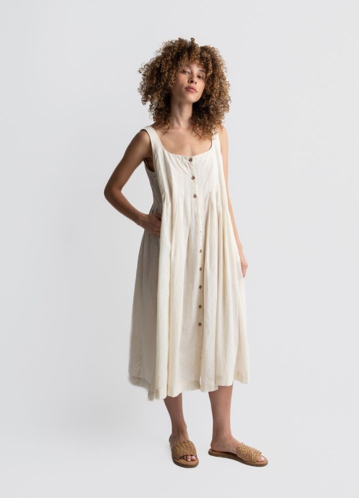 A Model Wearing White Handwoven Cotton Romantic White Midi Dress, curated by Only Ethikal
