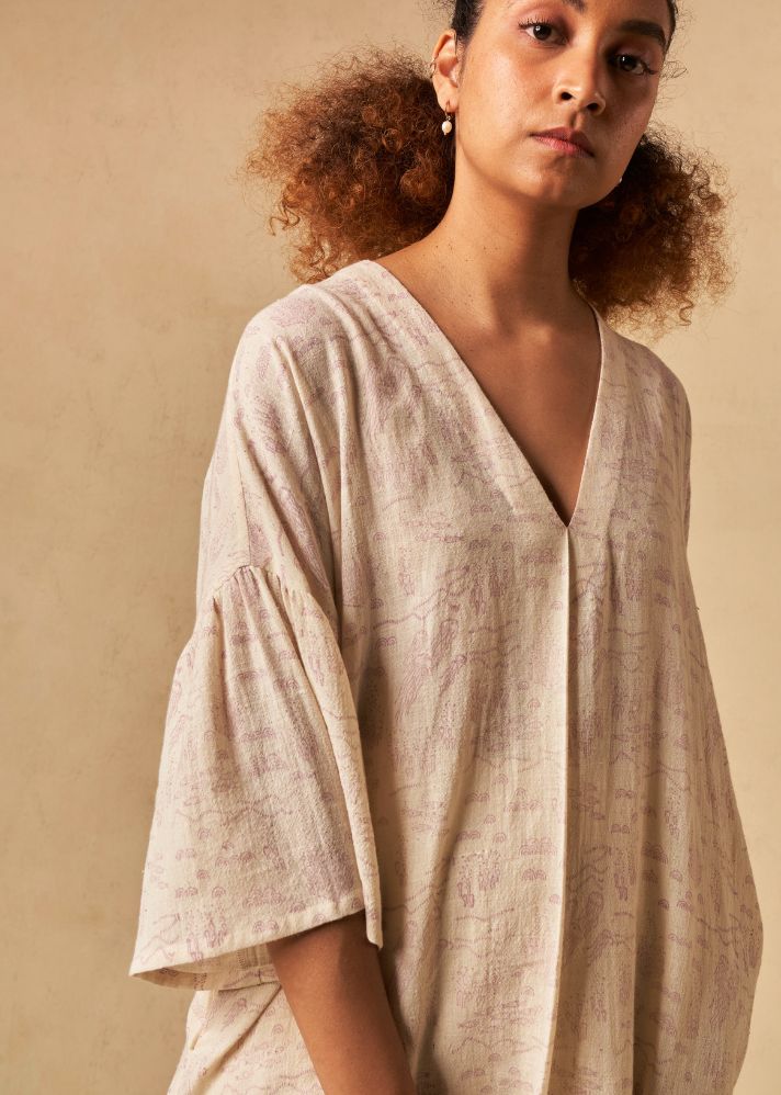 A Model Wearing Beige Organic Cotton The Holiday handwoven kaftan, curated by Only Ethikal