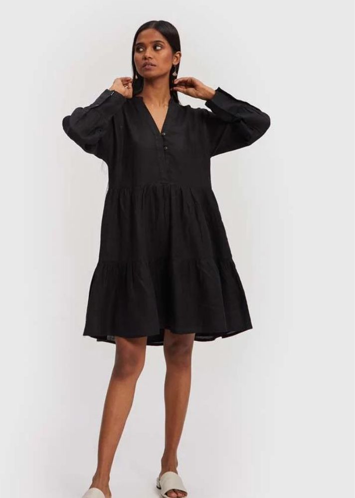 A Model Wearing Black Hemp V neck Tiered Dress Black, curated by Only Ethikal