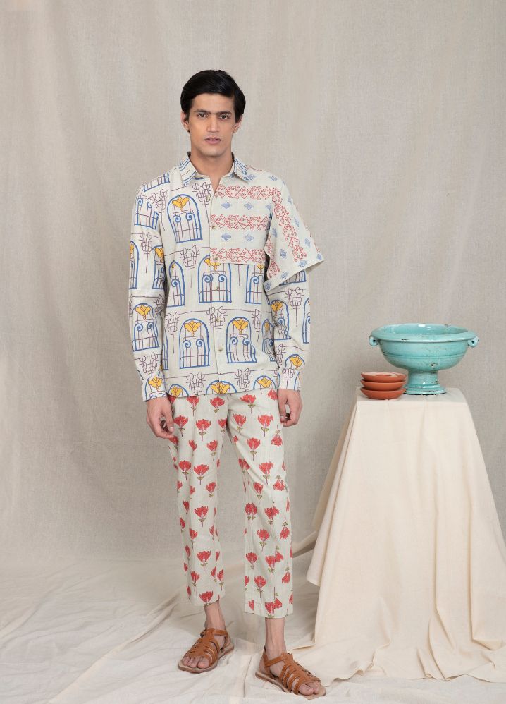 A model wearing Block Printed Multicolor Handwoven Cotton Brunch Shirt, curated by Only Ethikal