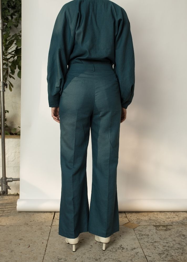 A Model Wearing Green Hemp Boot-Leg Pants, curated by Only Ethikal