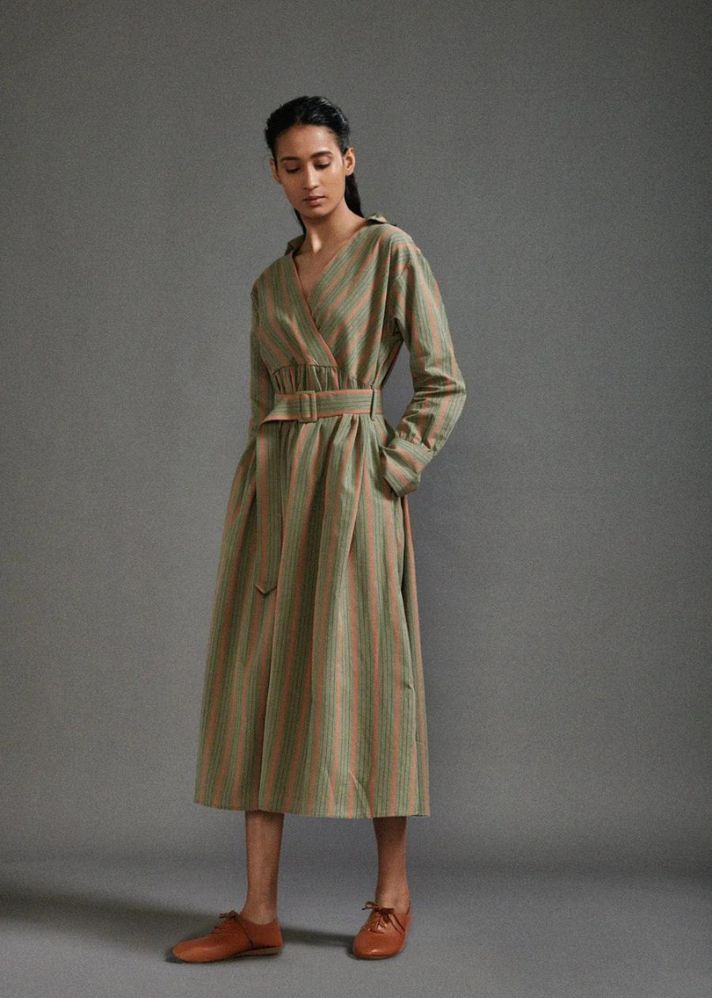 A Model Wearing Green striped Handwoven Cotton Safari Belted Dress, curated by Only Ethikal