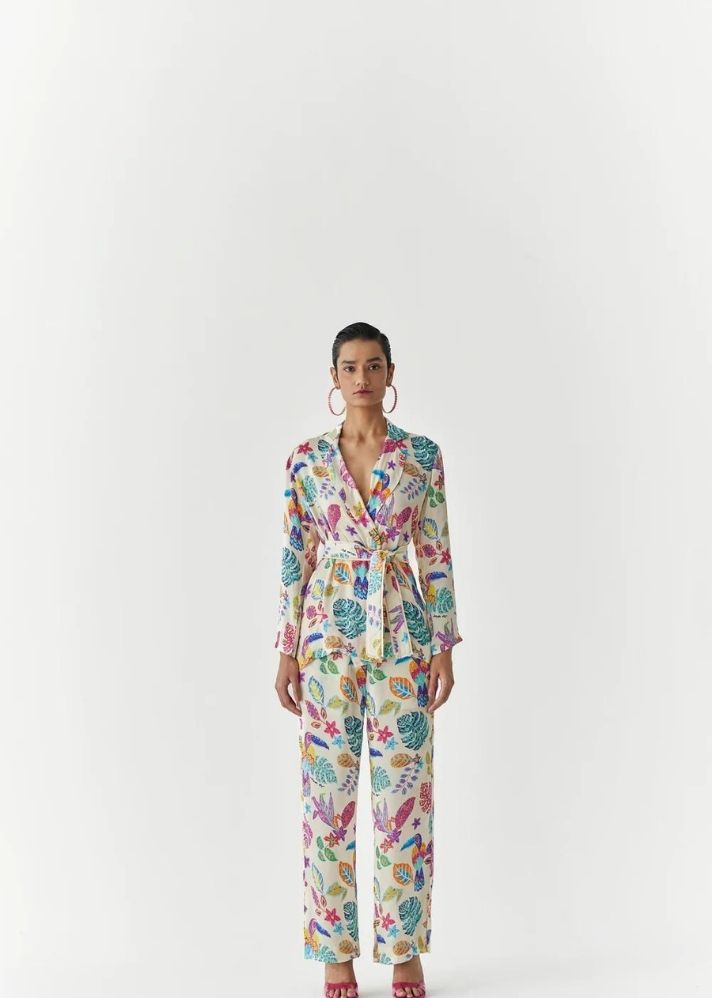 A Model Wearing Multicolor Organic Cupro Amazon Blazer Shirt And Trousers Co-Ord, curated by Only Ethikal