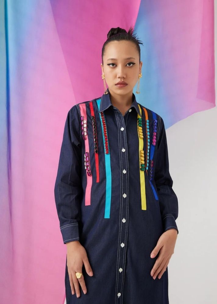 A Model Wearing Blue Upcycled Denim Rover Denim Embroidered Shirt Dress, curated by Only Ethikal