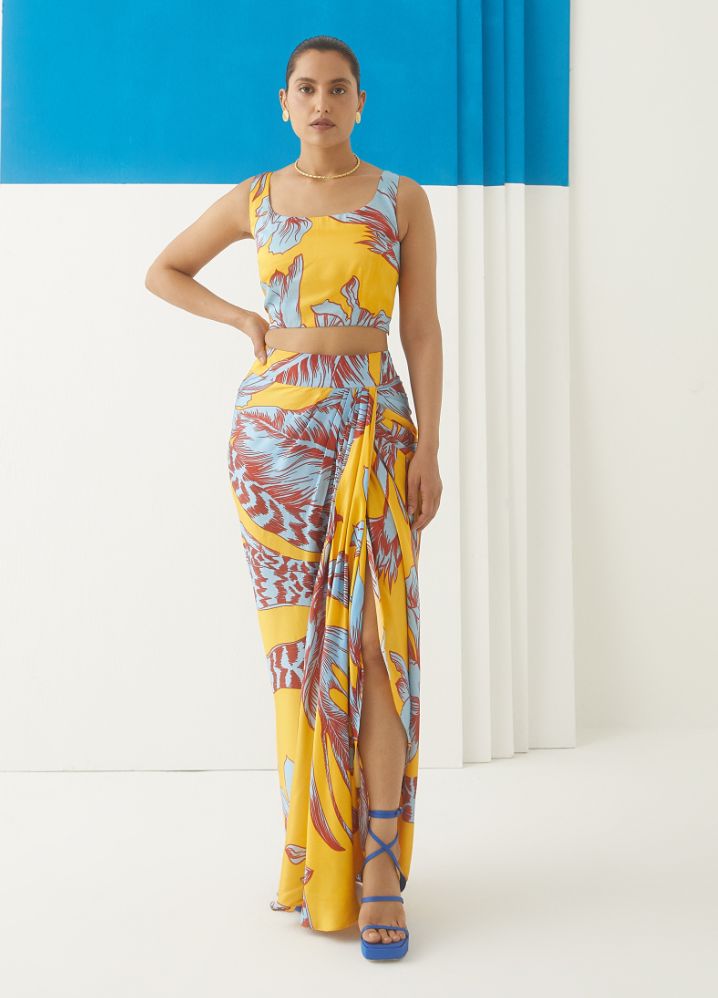 A Model Wearing  Digital Print Multicolor Bemberg Aphrodite Draped Skirt & Blouse, curated by Only Ethikal