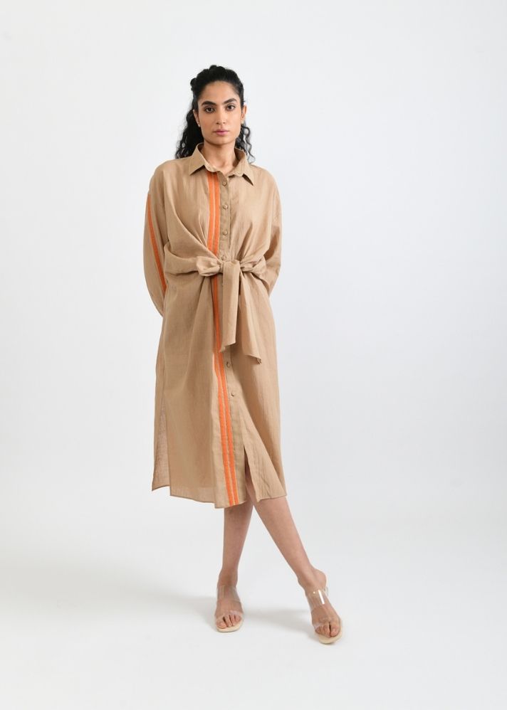 A Model Wearing Beige Handwoven Cotton Sunburst Tie Up Dress , curated by Only Ethikal