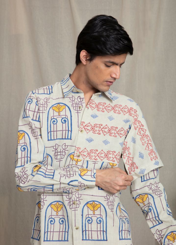 A model wearing Block Printed Multicolor Handwoven Cotton Brunch Shirt, curated by Only Ethikal