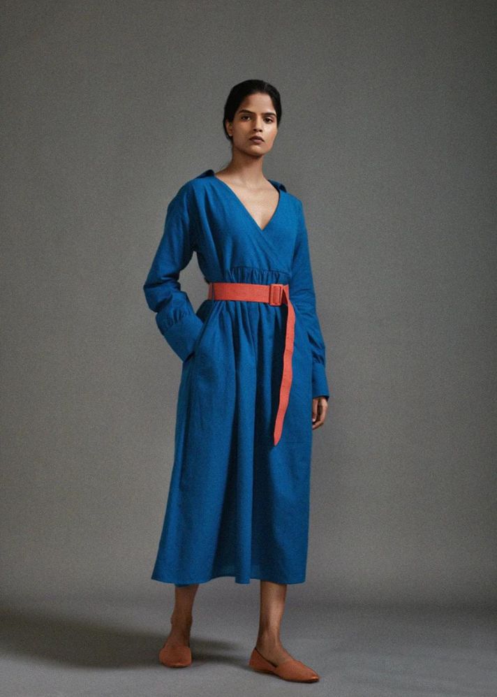 A Model Wearing Blue Handwoven Cotton Safari Belted Dress, curated by Only Ethikal