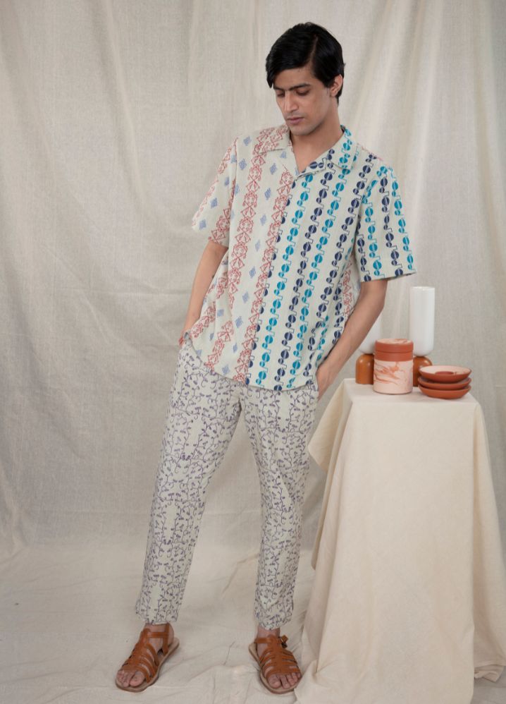 A model wearing Block Printed Multicolor Handwoven Cotton  Mens Print Play Shirt, curated by Only Ethikal