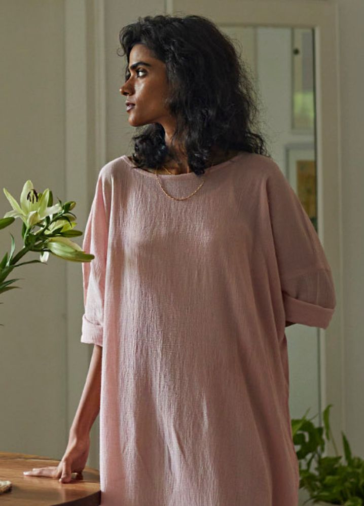 Woman wearing  Pink Pure Cotton French Rose Kaftan by Kharakapas curated by Only Ethikal
