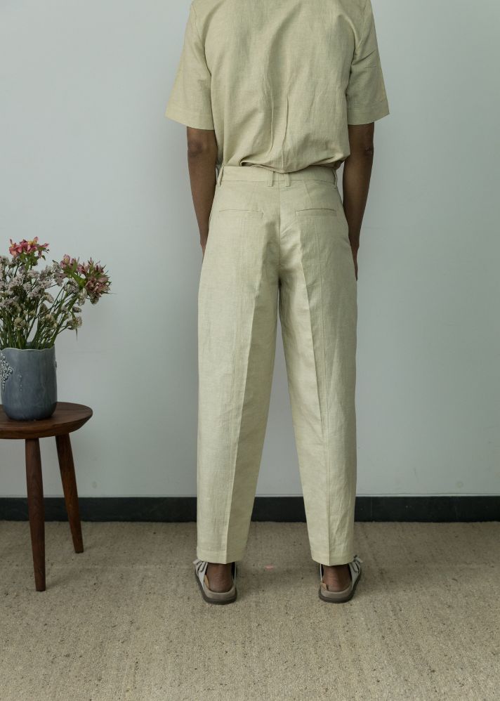A Model Wearing Beige Hemp Barrel Leg Pant, curated by Only Ethikal