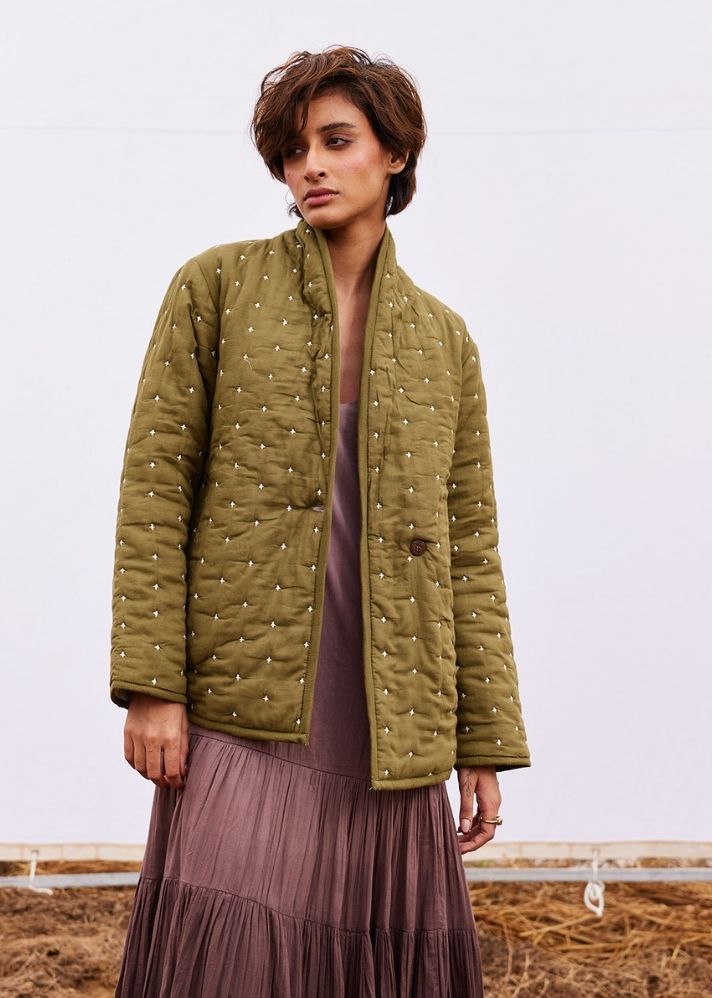 A Model Wearing Olive Pure Cotton Clove Jacket, curated by Only Ethikal
