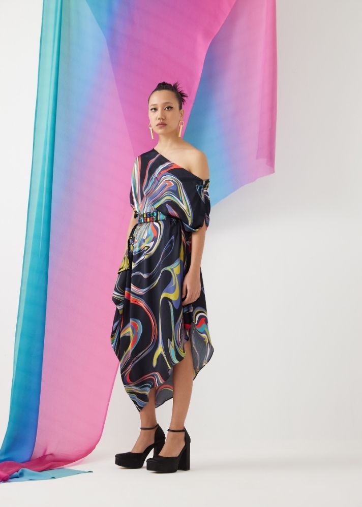 A Model Wearing Multicolor Organic Cupro Galaxy Draped Dress, curated by Only Ethikal
