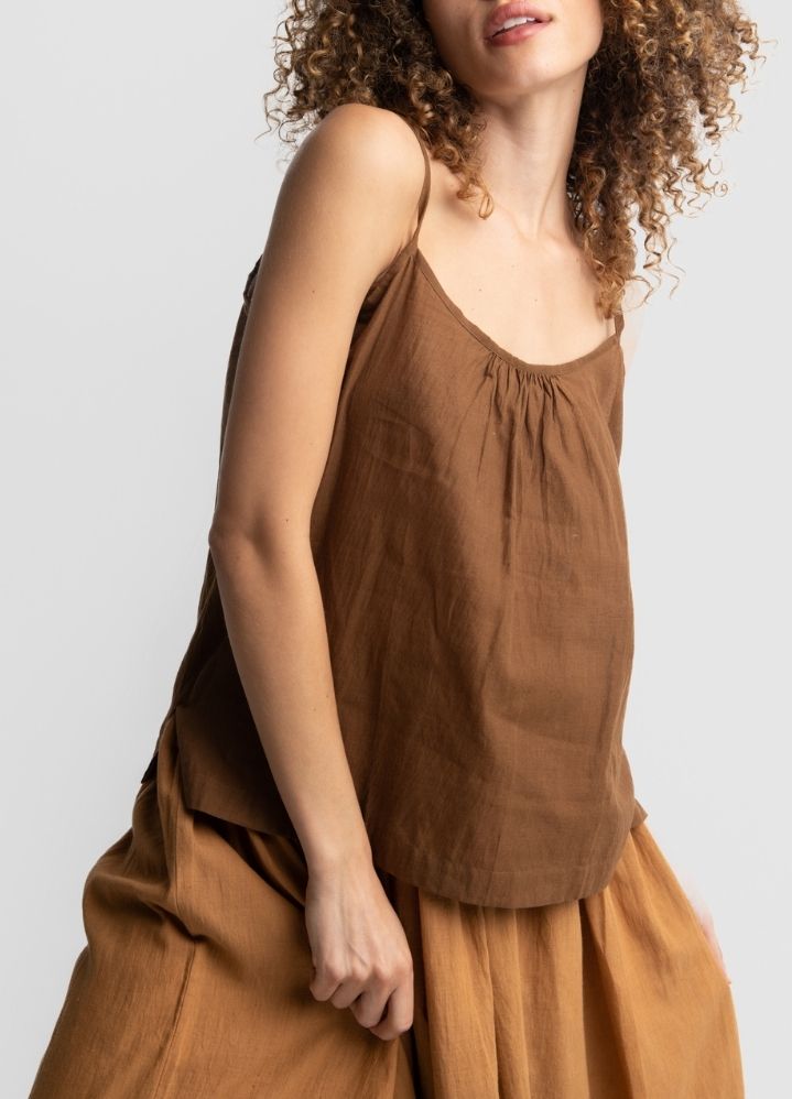 A Model Wearing Brown Handwoven Cotton Bombay brown cami top, curated by Only Ethikal