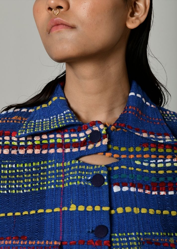 A Model Wearing Multicolor Handwoven Cotton Recycle Ashai Jacket, curated by Only Ethikal